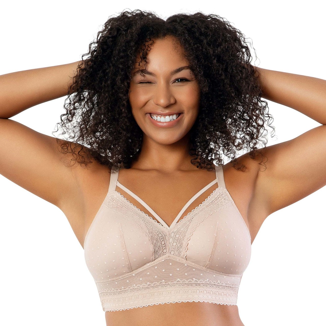 Women mesh dot lace bra removable padded bras longline plus size bra wireless mesh bralette
